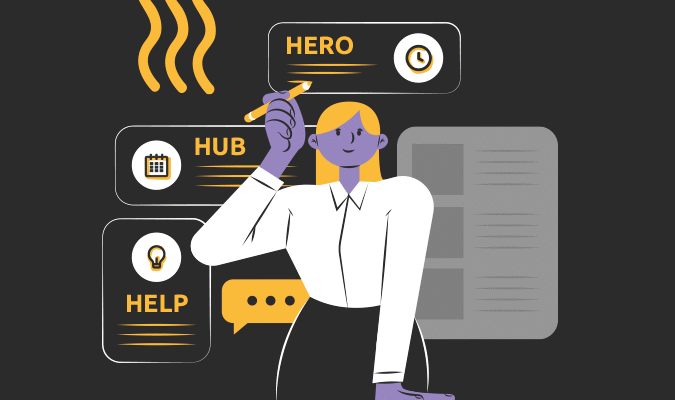 Ilustração de uma mulher explicando os conceitos de hub, help e hero do marketing de conteúdo