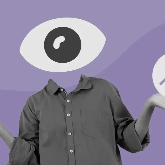 Fotomontagem de um homem com um olho gigante no lugar de sua cabeça
