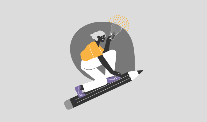 Ilustração de mulher em cima de um lápis, viajando para os céus