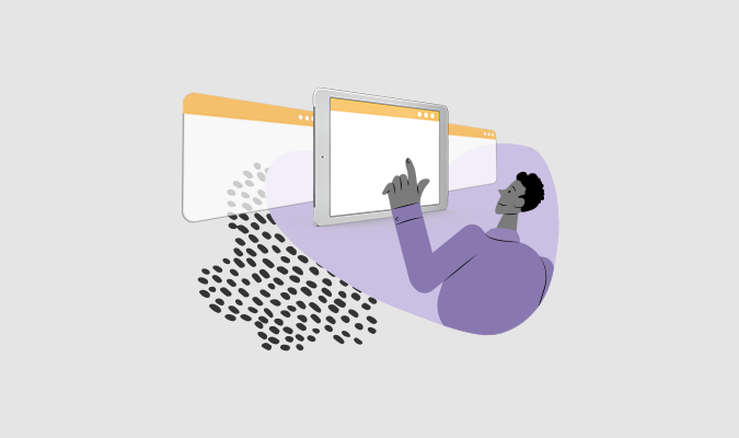 Ilustração de um homem tocando um uma tela touch