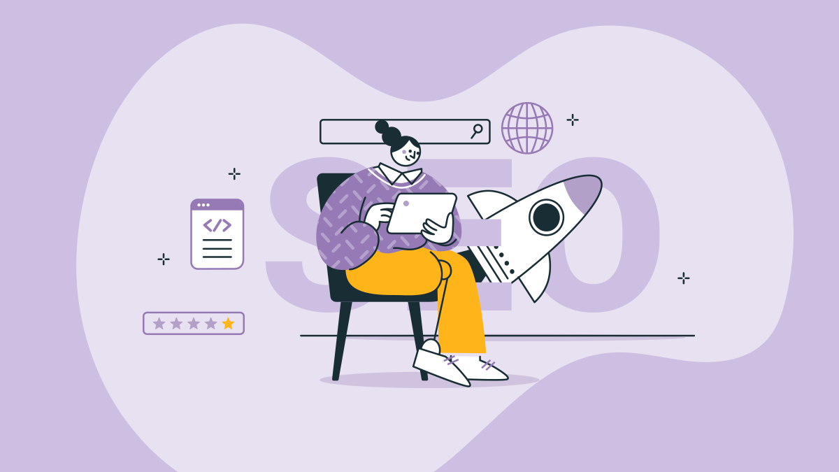 Ilustração de uma mulher pesquisando serviços de uma agência de SEO