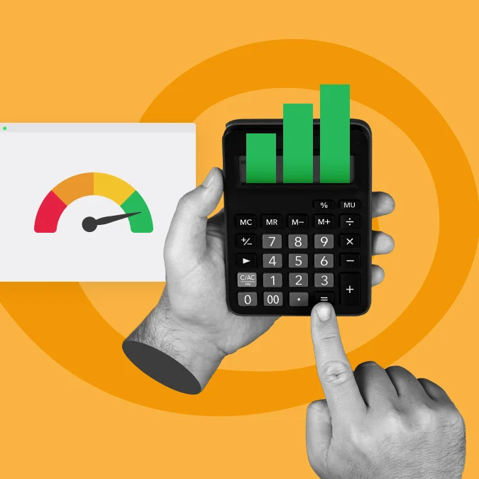 Fotomontagem de mãos usando uma calculadora; ao lado, um gráfico de performance