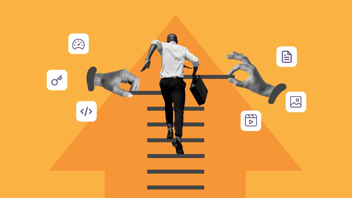 Fotomontagem de uma mãos criando uma escada para apoiar um homem que está subindo correndo por um caminho, para ilustrar este artigo sobre marketing de conteúdo e SEO na era da inteligência artificial