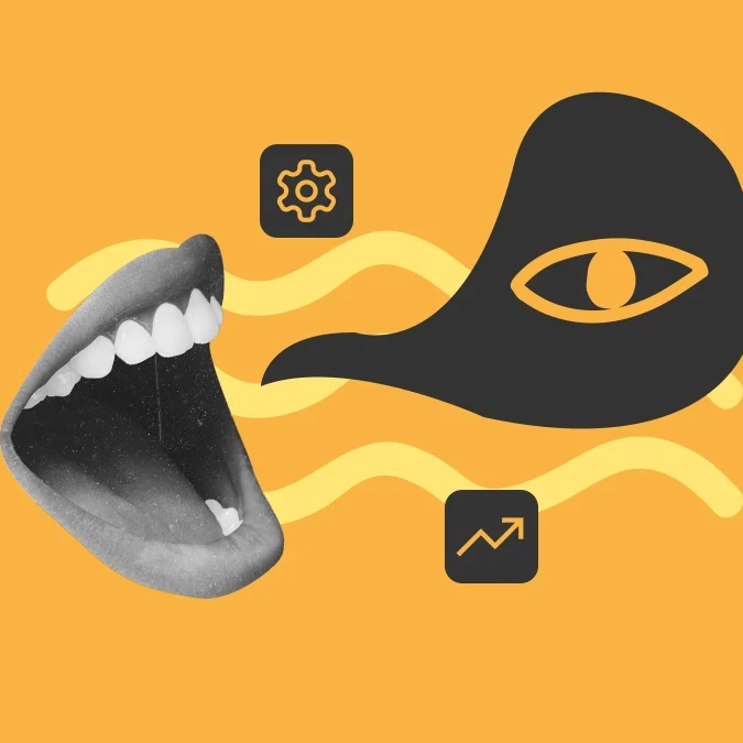 Fotomontagem de uma boca falando algo, cercada por ícones de informática