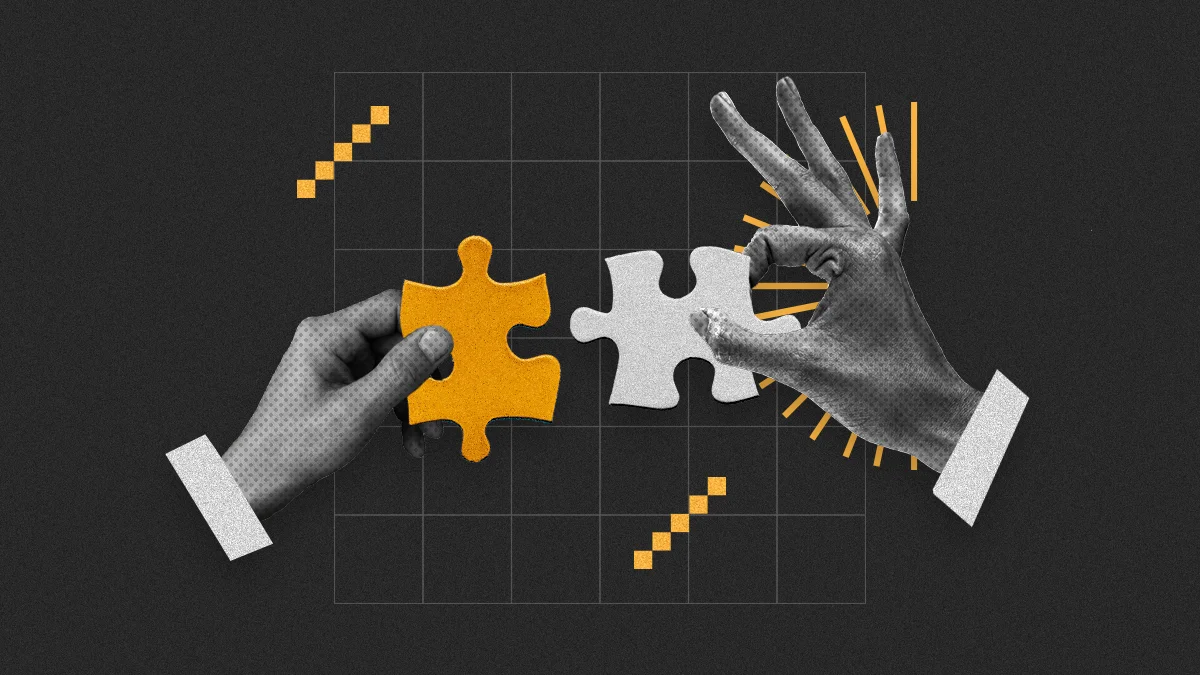 Fotomontagens de duas mãos montando um quebra-cabeça ilustra artigo sobre Brand Journalism