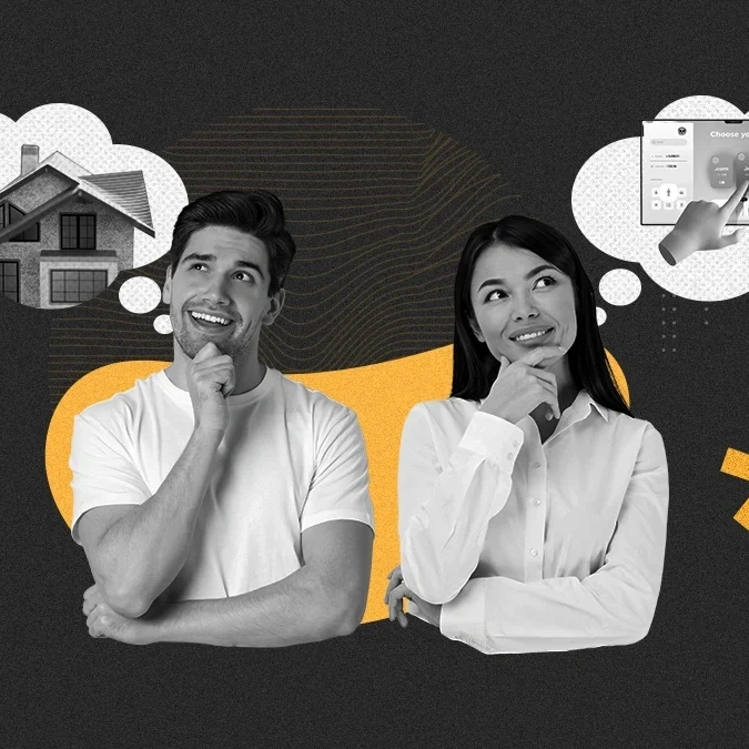 Ilustração de homem e mulher pensando, com ícones de casa própria e interface digital acima da cabeça, representando a relação entre o sonho da casa própria e o hub de conteúdo como estratégia de marketing B2B.