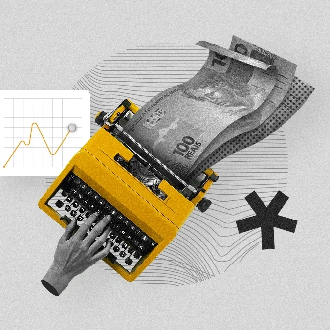 Imagem com máquina de escrever amarela digitando notas de cem reais, acompanhada de gráfico de crescimento e símbolo de asterisco, em imagem que ilustra artigo sobre marketing B2B com foco em conteúdo, resultados financeiros e performance.