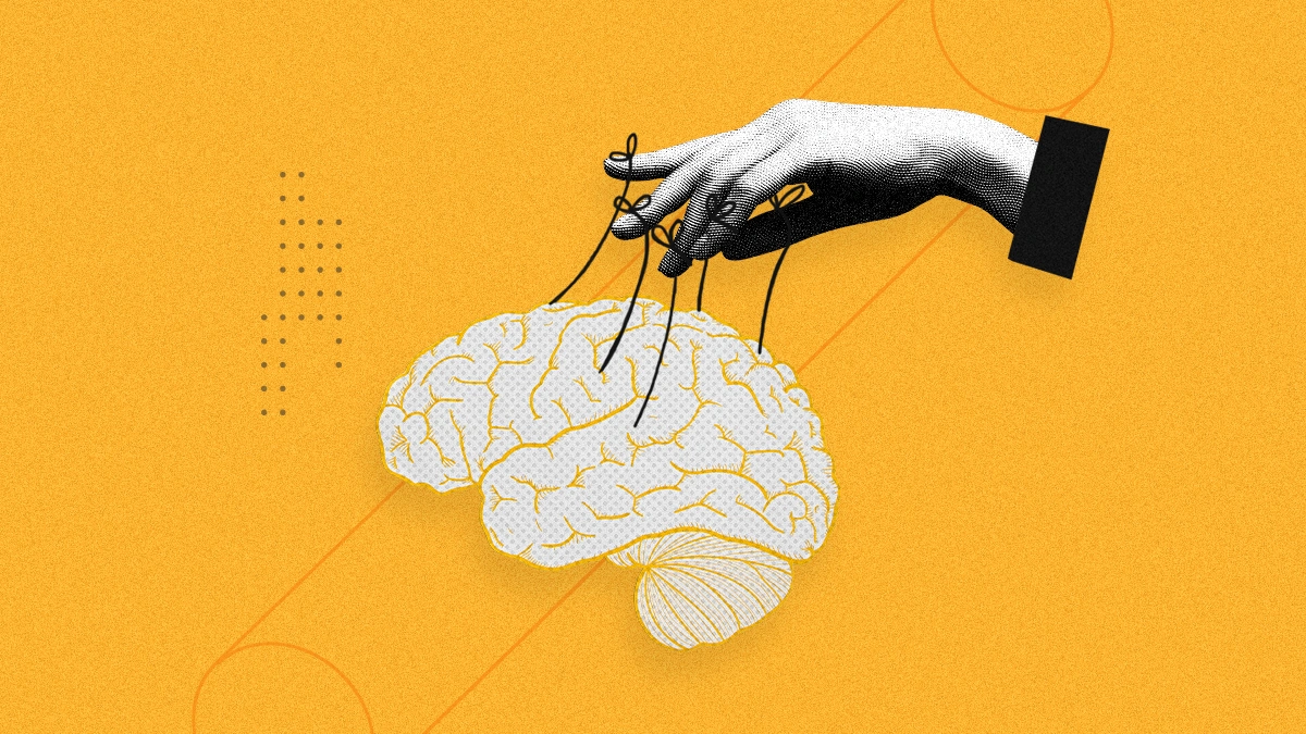 Ilustração de uma mão controlando um cérebro por fios, simbolizando a construção de percepção e decisão, em imagem que ilustra artigo sobre a relação entre casa própria e hub de conteúdo como estratégia de marketing B2B.