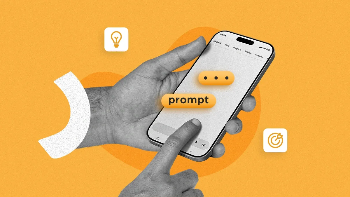 Fotomontagem de uma m&atilde;o criando um prompt na tela de um smartphone