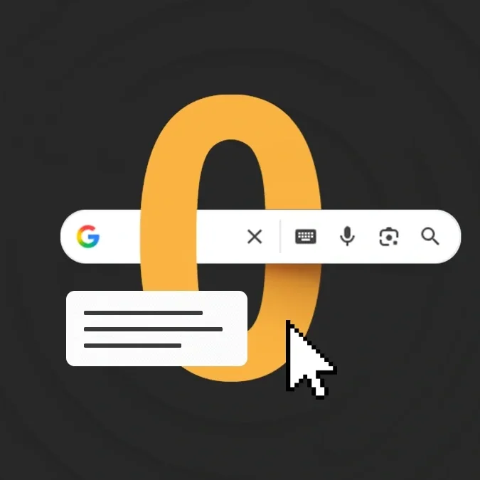 Ilustração de uma lupa amarela ao fundo, com uma barra de busca do Google sobreposta, balão de texto e cursor em destaque, representando pesquisas online e resultados de busca.