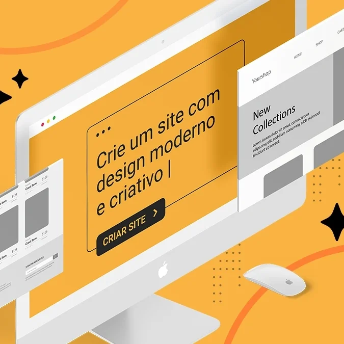 Fotomontagem de tela de computador com interfaces de criação de site sobre fundo laranja, com chamada “Crie um site com design moderno e criativo!” e botão “Criar site”.