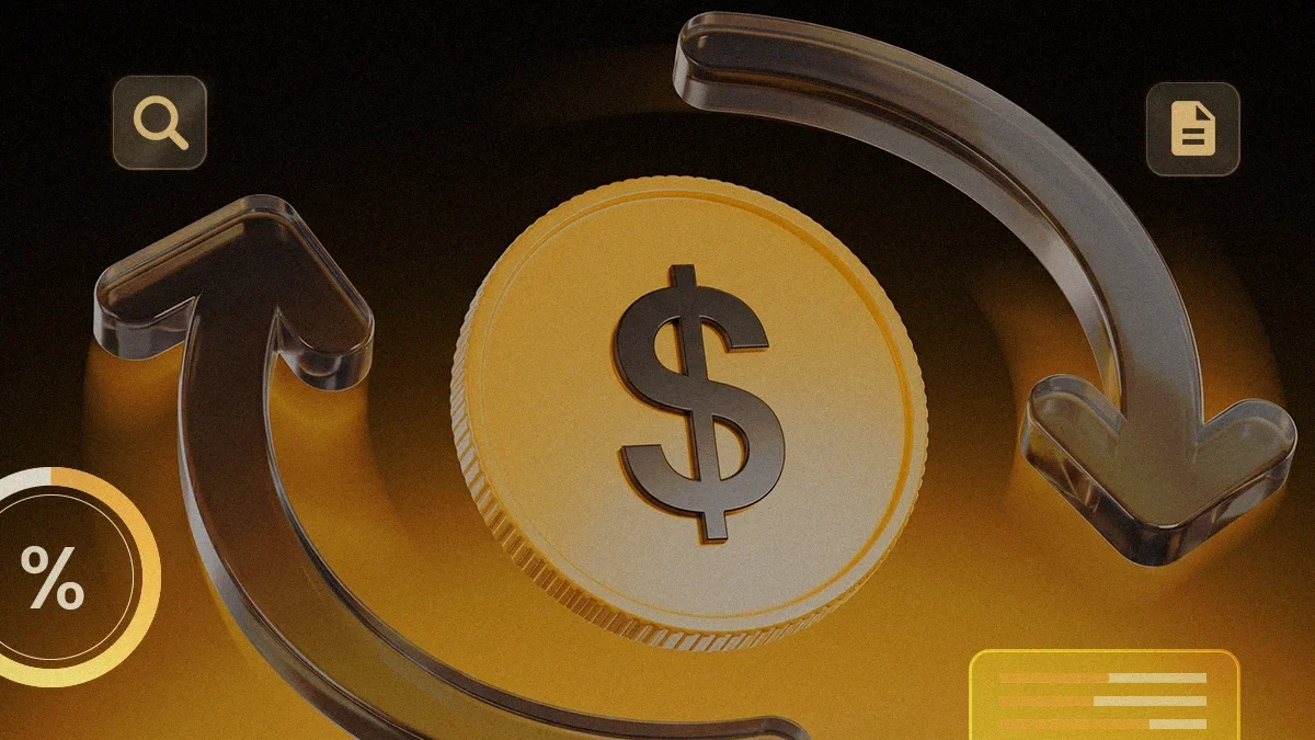 Ilustração 3D de uma moeda dourada com símbolo de dólar, cercada por setas curvas e ícones financeiros sobre fundo escuro.