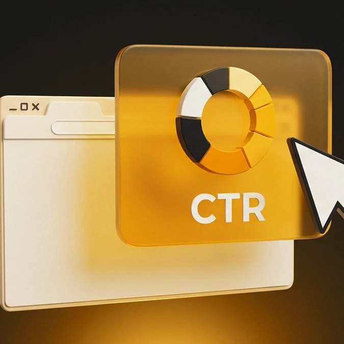 Ilustração 3D de uma janela de navegador com gráfico de CTR e cursor de clique em destaque.