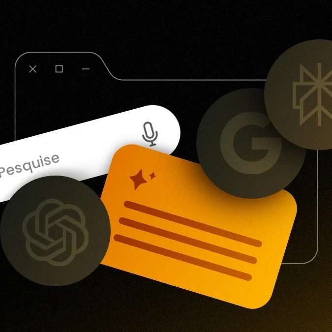 Ilustração de uma interface de busca com o campo “Pergunte”, um cartão laranja e ícones de ferramentas de inteligência artificial, como ChatGPT, Google e Perplexity.