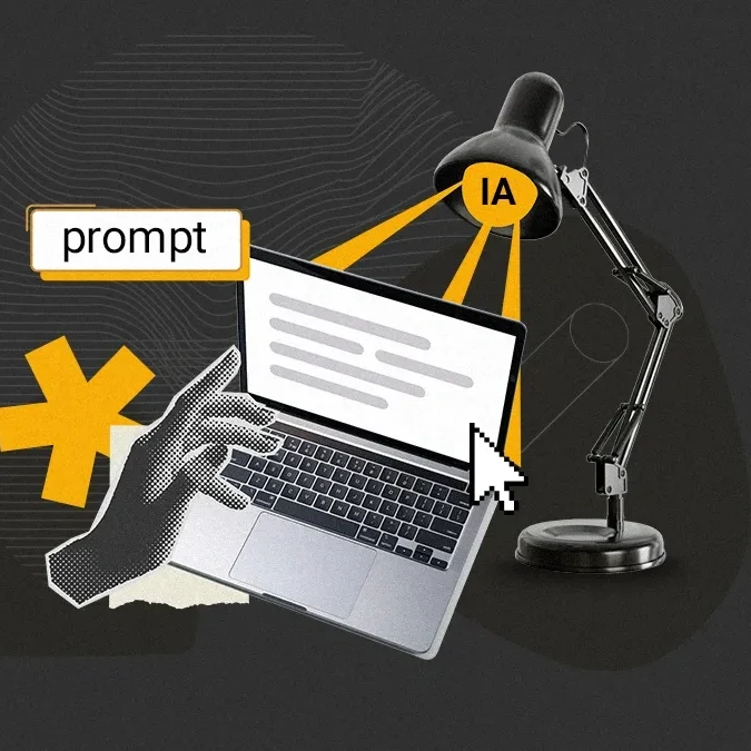 Ilustração em tons de cinza com notebook, campo de prompt, cursor, símbolo de IA e luminária, representando o uso de inteligência artificial em conteúdos digitais.
