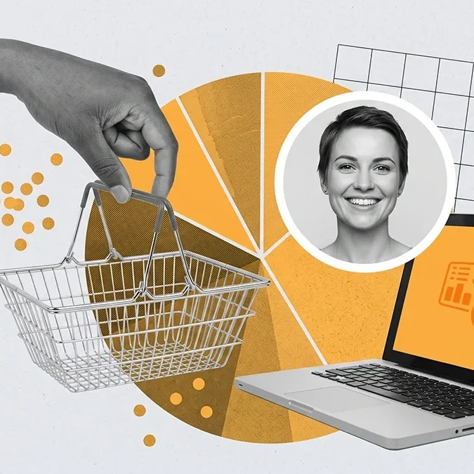 Fotomontagem de uma mulher, uma mão segurando uma cesta de mercado, com um laptop e gráficos ao fundo.