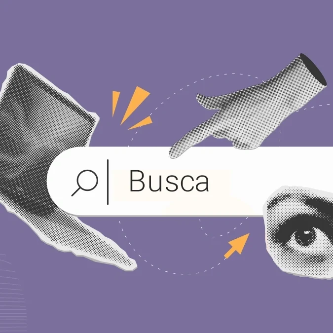 Fotomontagem de uma mão apontando para uma tela de laptop, um campo de busca do Google e um olho humano
